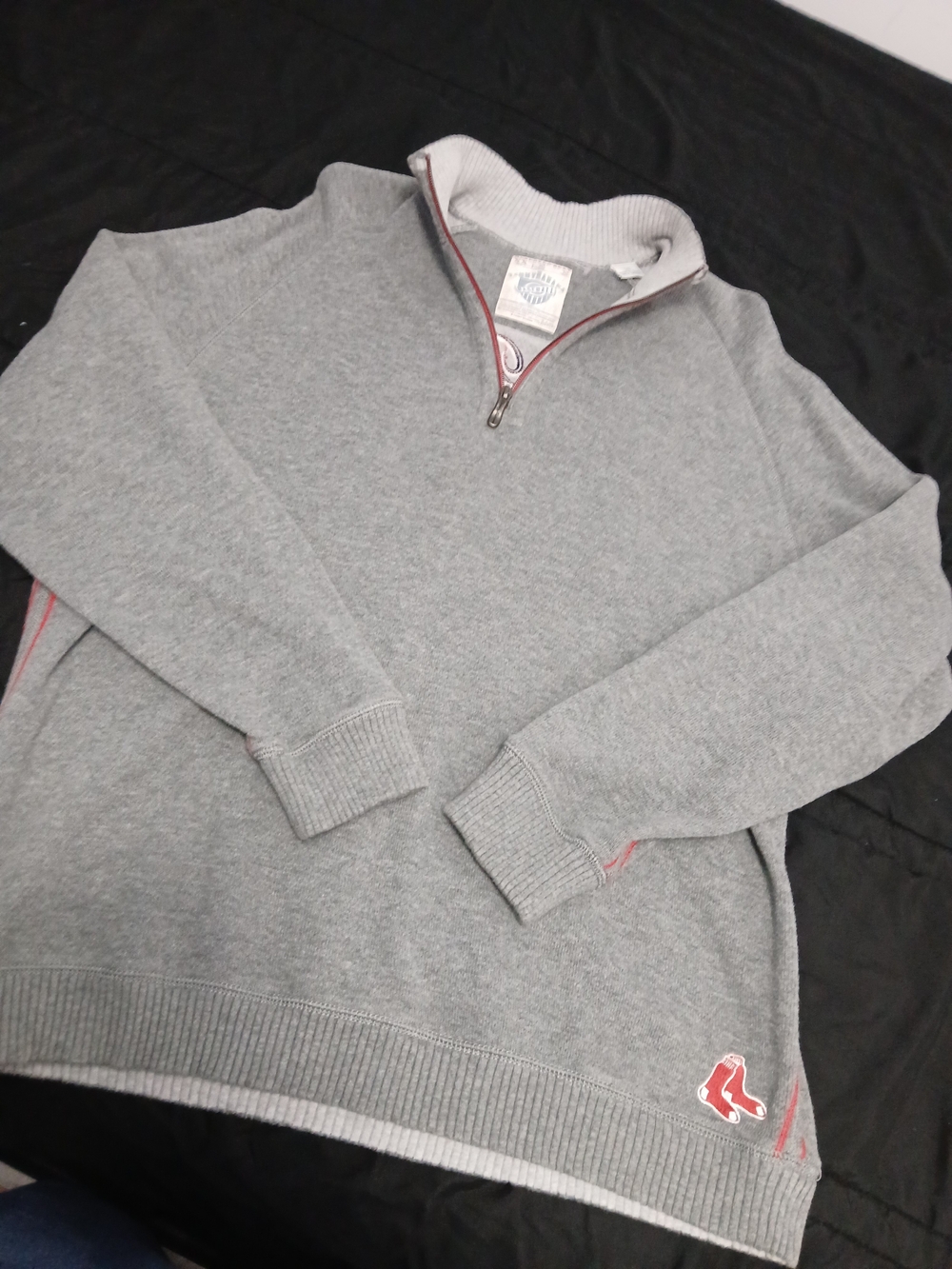 Tommy Bahama Gray Quarter-Zip Sweater with Red Accent and Red Sox Patch